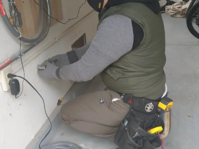 Electrician performing outlet wiring in a Fargo garage